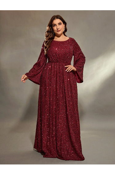 Leely Plus Women's Elegant Scoop Neck Flare Sleeve Sequins A-Line Dress