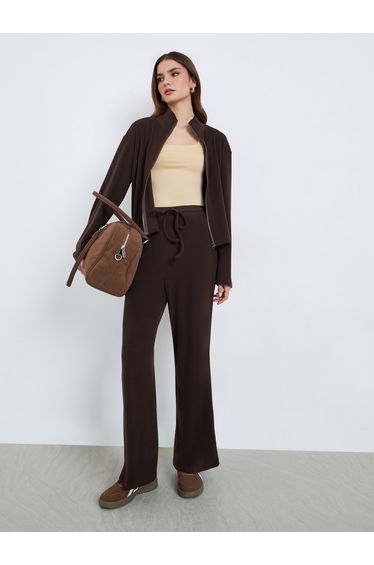 Women Brown Zip-Up Knit Jacket and Pants Co-Ords