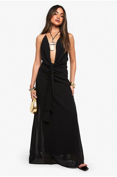 Chiffon Puddle Hem Maxi Skirt - black