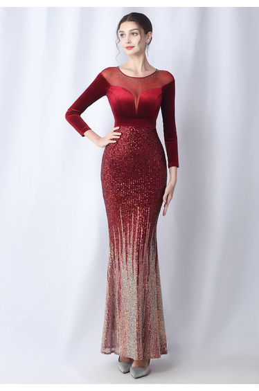 Ombre Sequins Velvet Spliced Gown in Burgundy