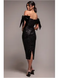 Sequin Off The Shoulder Velvet Bow Midi Dress - Black by Goddiva - 1