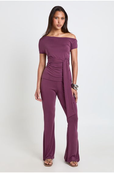Modal Off The Shoulder Tie Waist Top - purple