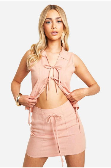 Linen Look Tie Front Mini Skirt - pale orange
