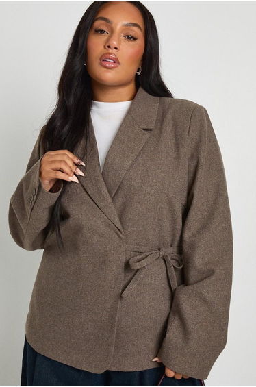 Plus Tie Detail Wool Look Blazer - taupe
