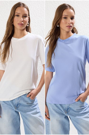 Ecru-Blue 2-Pack 100% Cotton Basic Stand Collar Knitted T-Shirt