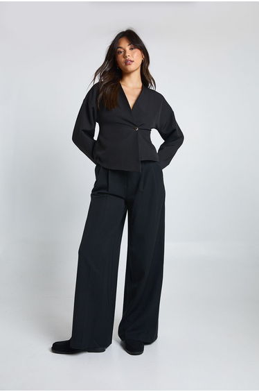 Gold Button Long Sleeve Wrap Top - black