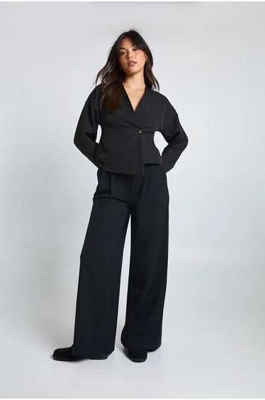 Gold Button Long Sleeve Wrap Top - black