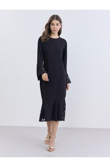 Women Black Lace Sleeves Midi Dress