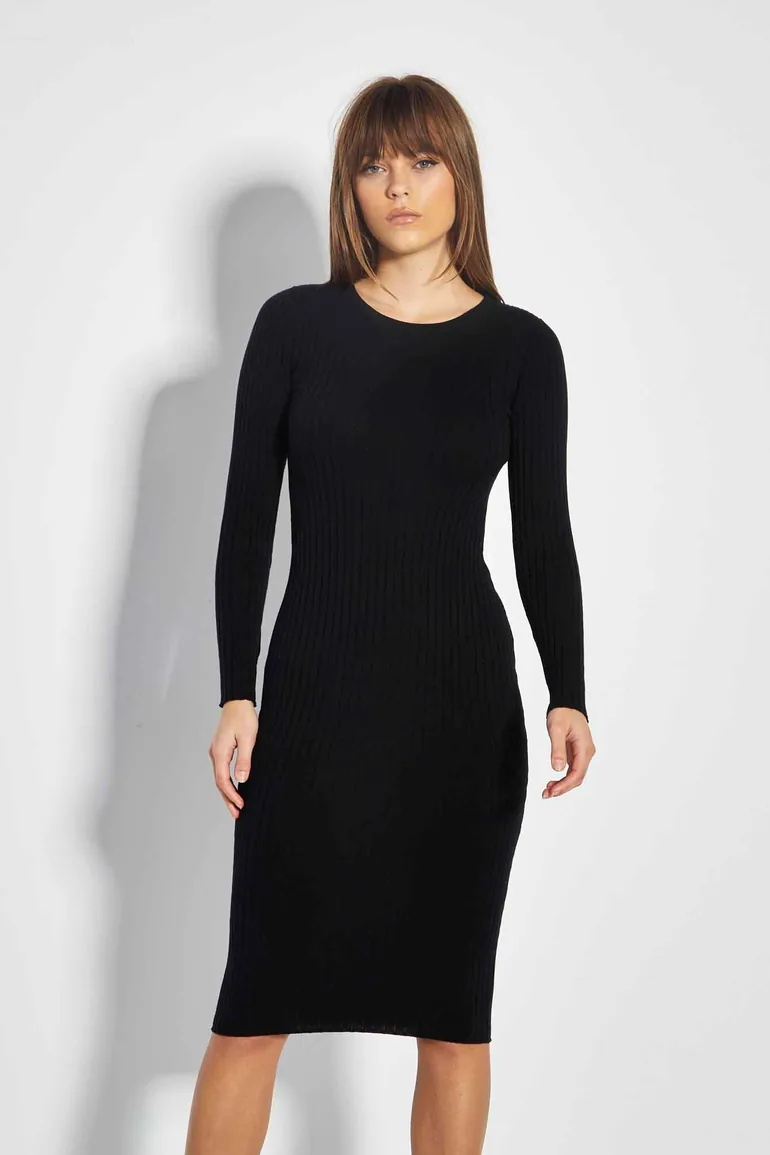 Shop Black Knitted Midi Shift Dress with Long Sleeve Online in Oman Shop Black Knitted Midi Shift Dress with Long Sleeve Online in Oman