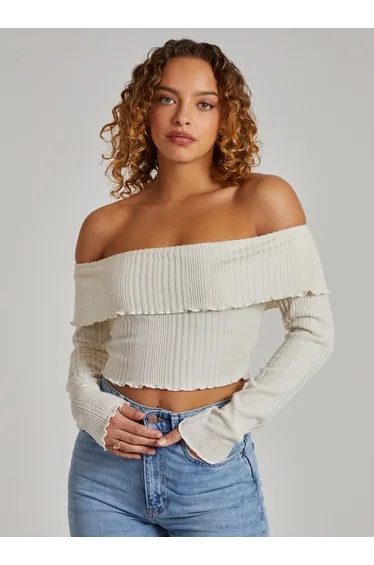 Wide Brushed Ribbed Bardot Top