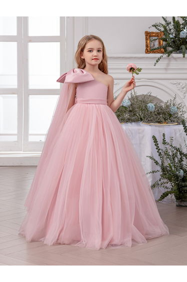 Girls Pink One Shoulder Mesh Maxi Dress
