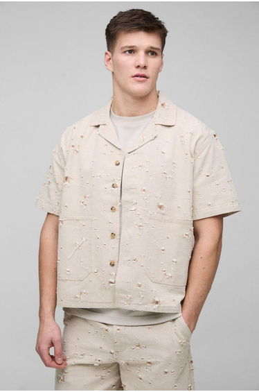 Tall Nibbled Denim Boxy Oversized Revere Shirt