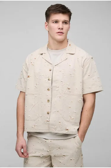 Tall Nibbled Denim Boxy Oversized Revere Shirt