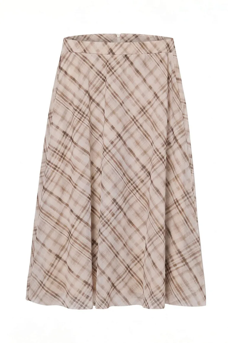 Stone Plaid/Checkered A-Line Bell Form Hem Asymmetrical Lined Tulle Midi Knitted Skirt - 5
