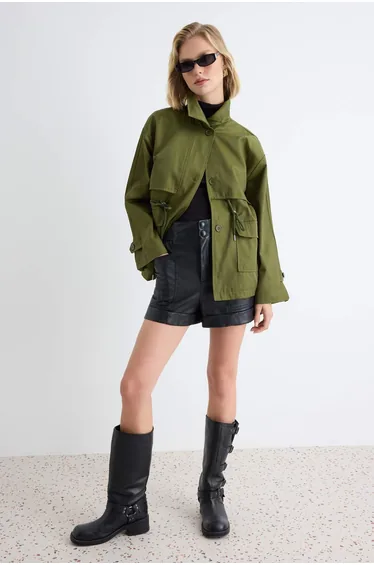 Khaki Tie-Waist High-Neck Oversize Midi Trench Coat