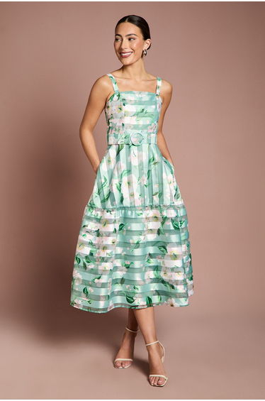 Printed Floral Burnout Organza Midi Dress