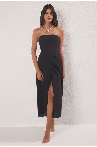 Black Strapless Maxi Woven 100% Cotton Beach Dress