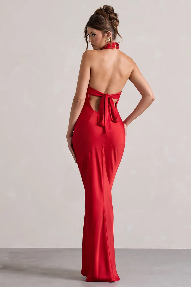 Shop Matea | Red Satin Cowl-Neck Maxi Dress Online in Bahrain