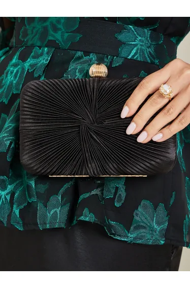 حقيبة كلتش بطيات بحمالات سلسلة - أسود