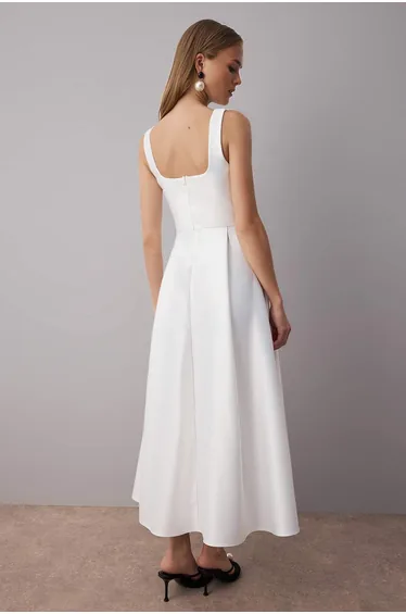 White A-Line Satin Woven Elegant Evening Prom Dress