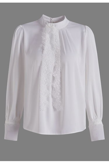 Lace Trim Puff Sleeve Satin Shirt in White for Office Work & Tea Party