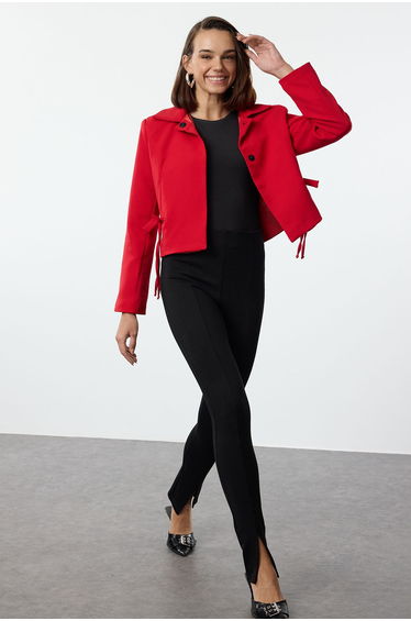 Red Bow/Ribbon Detailed Shirt Collar Blazer Jacket