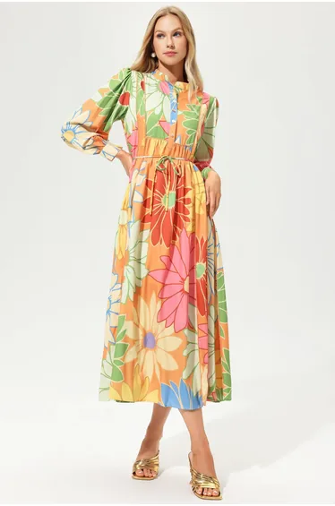 Lisa Floral Stand Collar Lace Up  Dress