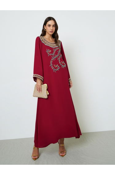Maroon Embellished Long Sleeves Jalabiya