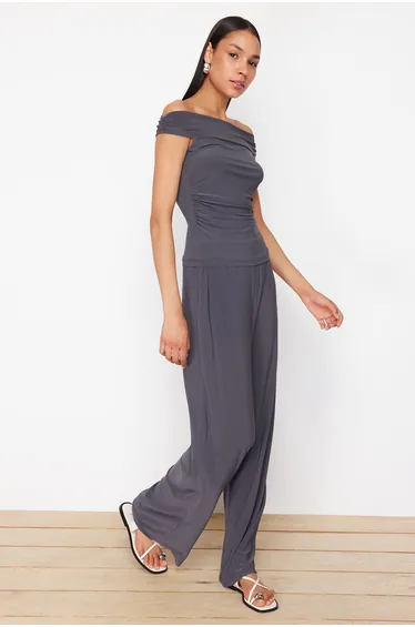 Anthracite Carmen Collar Flexible Knitted Two Piece Set