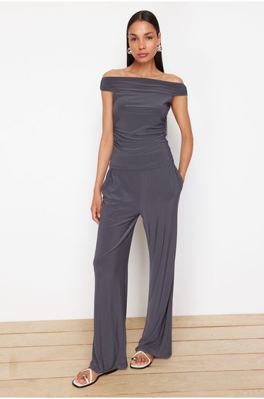 Anthracite Carmen Collar Flexible Knitted Two Piece Set