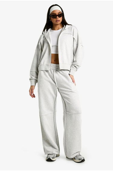 Exposed Seam Oversized Zip Through Hoodie - ash grey