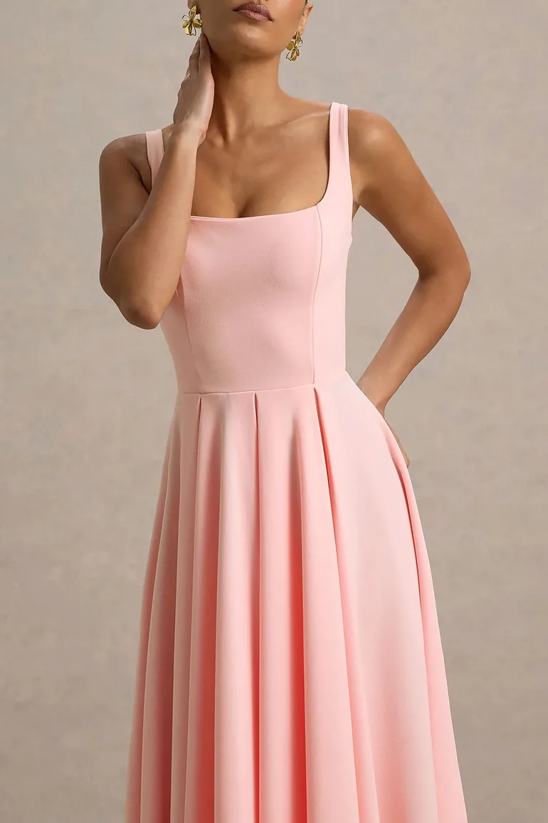 Parina | Pink Strappy Volume-Hem Midi Dress - 2