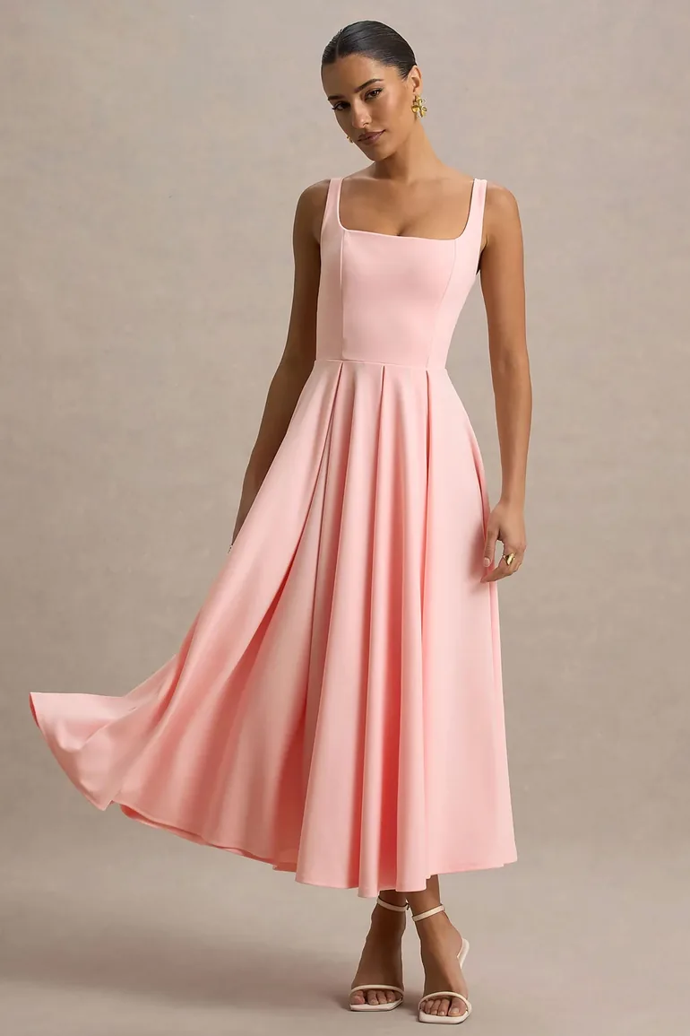 Parina | Pink Strappy Volume-Hem Midi Dress