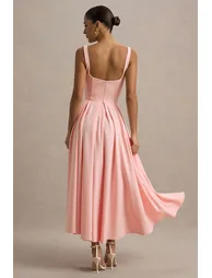 Parina | Pink Strappy Volume-Hem Midi Dress - 1