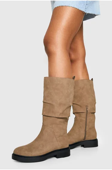 Ruched Calf Height Flat Ankle Boots - taupe