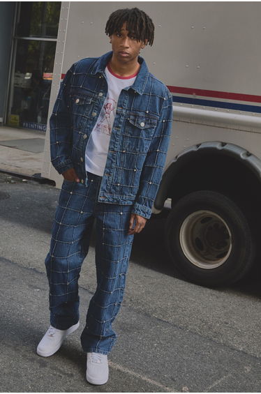 Straight Fit Checkerboard Rivet Embellished Jeans - mid blue