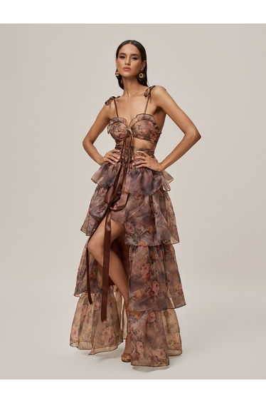 Nalima Floral Printed Skirt Set In Brown