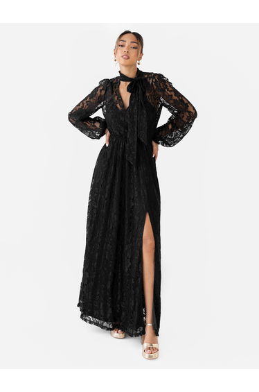 Maya Black Tie Neck Long Sleeve Lace Maxi Dress