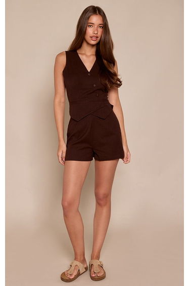 Chocolate Linen Look Waistcoat Playsuit