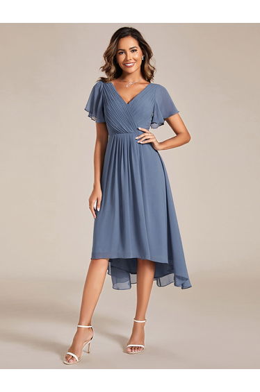 ever FAYE|Chic V Neck Asymmetrical Hem Ruffles Sleeve Pleated Chiffon Wedding Guest Dress