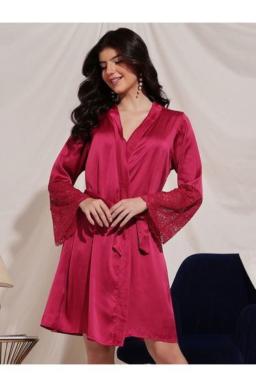 Magenta Satin Robe with Lace Sleeves
