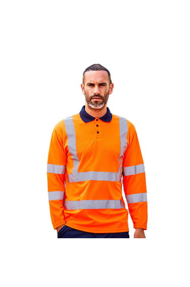 PRORTX Mens High-Vis Long-Sleeved Polo Shirt - Orange/Navy