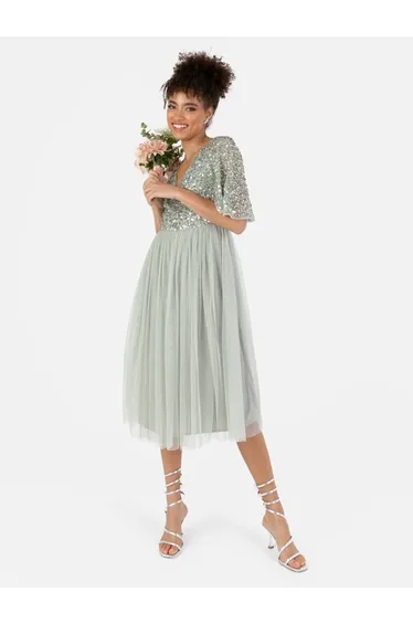 Maya Green Lily Short Flutter Sleeve Embellished Midi Dress