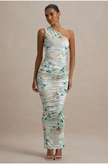 فستان ماكسي مزموم بكتف واحد بطبعة أزهار لون أخضر