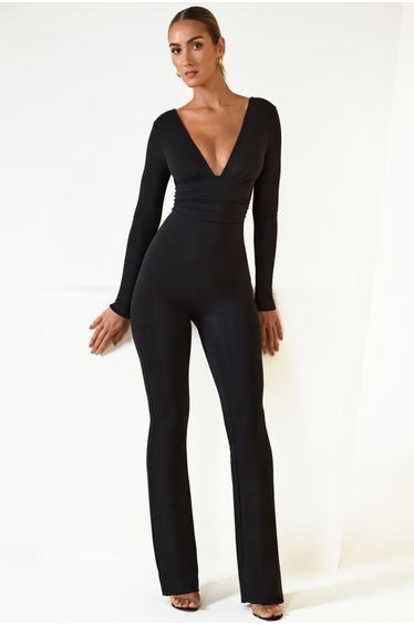 Modal Ruched Plunge Flared Jumpsuit in Black