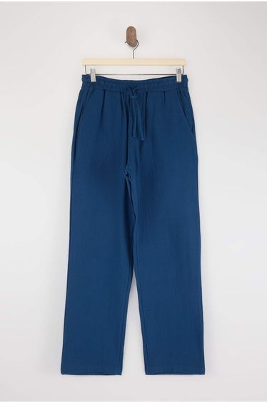 Navy Blue Muslin Fabric Linen Look Summer Elastic Waist 100% Cotton Trousers