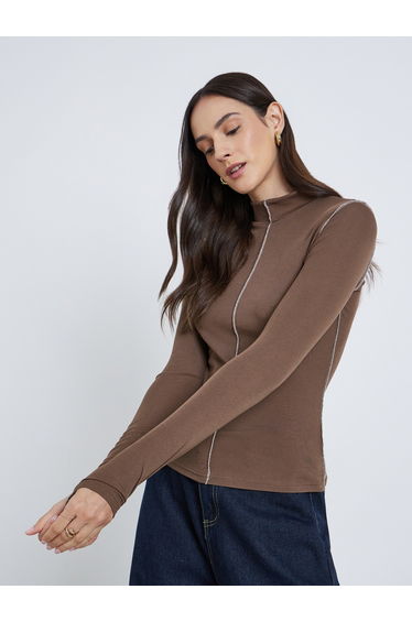 Turtleneck Contrast Trim Ribbed Knit Top