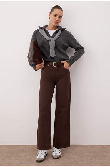 Dark brown high waist ankle length culotte 100% cotton jeans