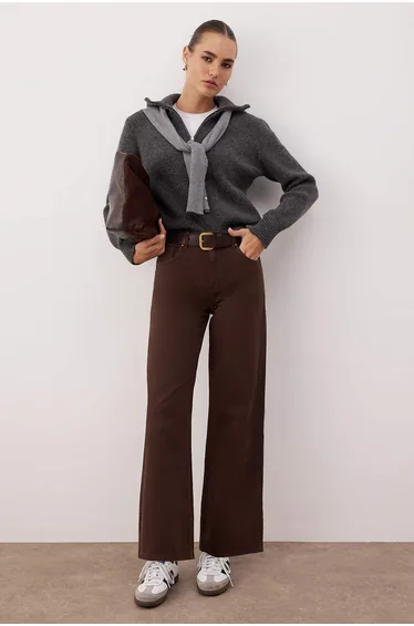 Dark brown high waist ankle length culotte 100% cotton jeans