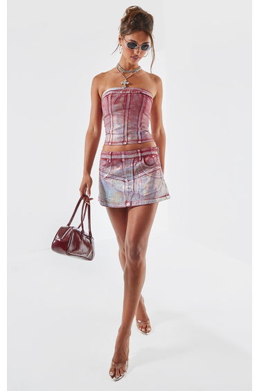 Cherry Red Silver Metallic Foil Effect Denim Micro Mini Skirt